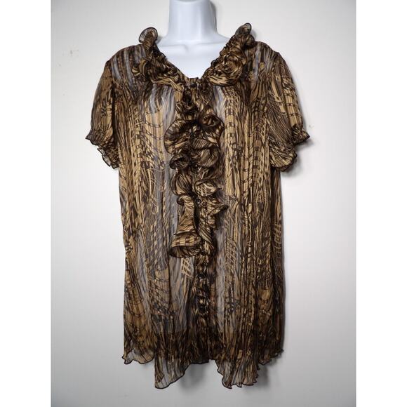Jaipur Sheer Blouse Sz XL Ruffle Button Up Brown Black Career Casual Y2K 90s - Picture 7 of 12